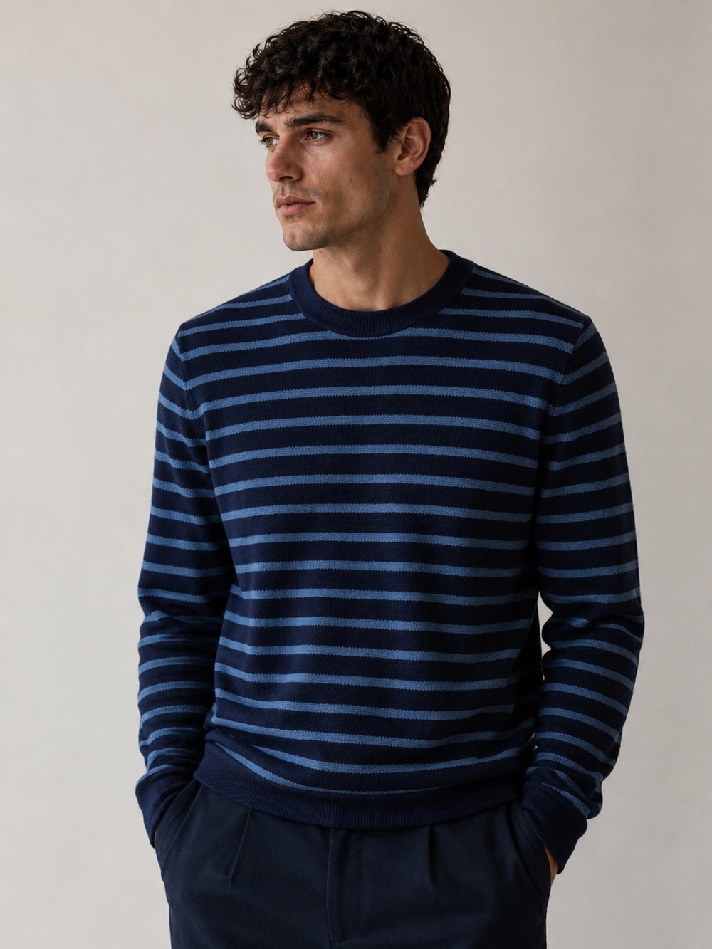 Vince Men’s Blue Stripe Reverse Tuck Stitch Cotton Crewneck Sweater Size M